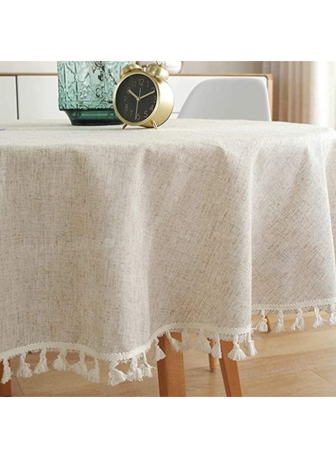 Cotton Linen TableCloth Solid Color Tassel Round Beige Tablecloth Dust-Proof Shrink-Proof Table Cover for Kitchen Dinning Tabletop Decoration (Beige, Round-120cm) - Image 5